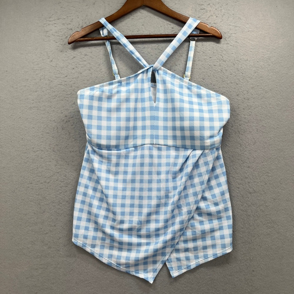 Crown & Ivy Tankini Swim Top Women 1X Blue Gingham Halter Keyhole Wrap Beach